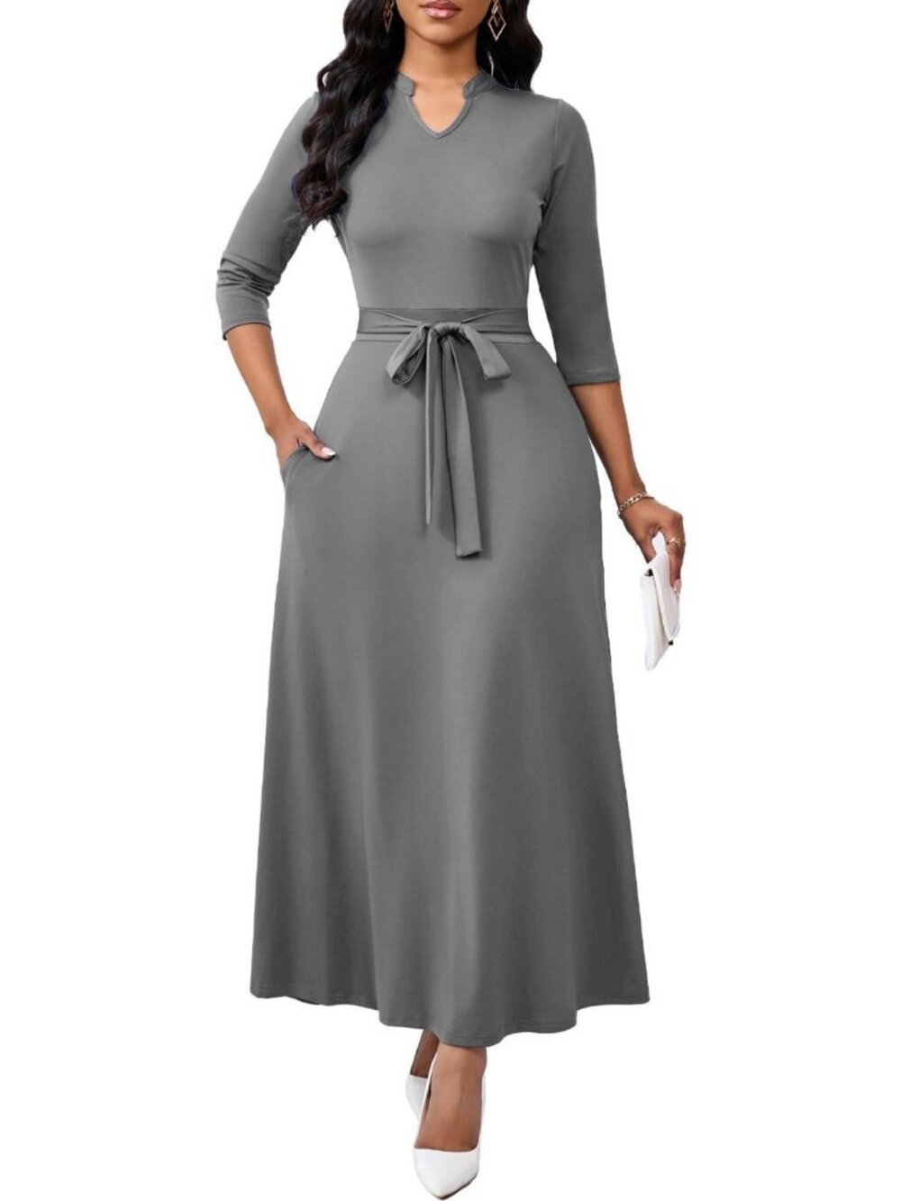 Chic A-Line Maxi Dress for Women | 3/4 Sleeve Semi-Formal Long Dress with
